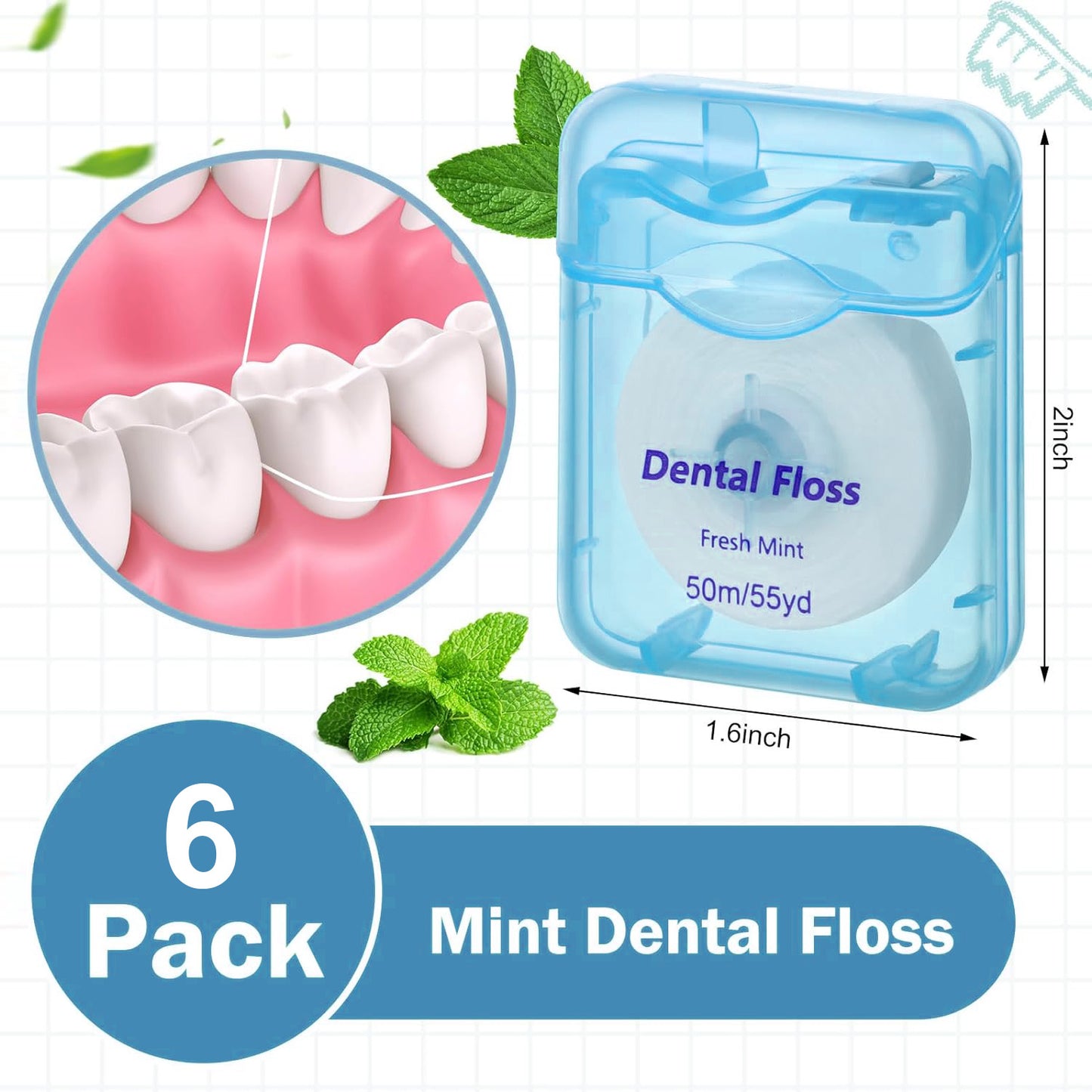 Dental Floss for Braces, Implants, and Bridges, PFAS Free, Mint, 55 yds(6 Pack)